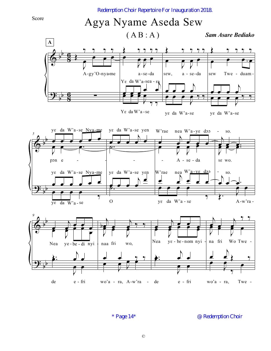 Agya Nyame Aseda Sew with Lyrics — first page