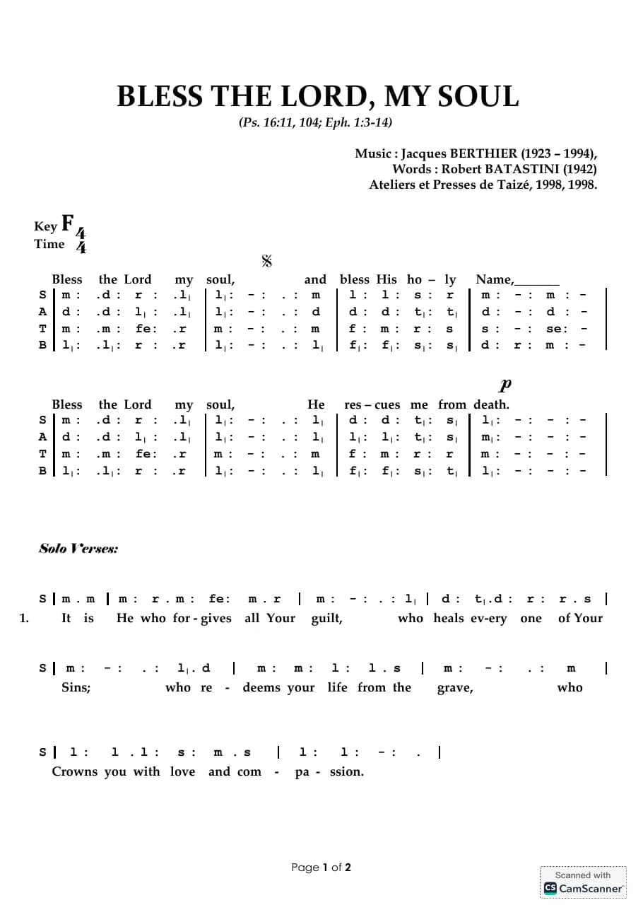Bless the Lord My Soul — first page