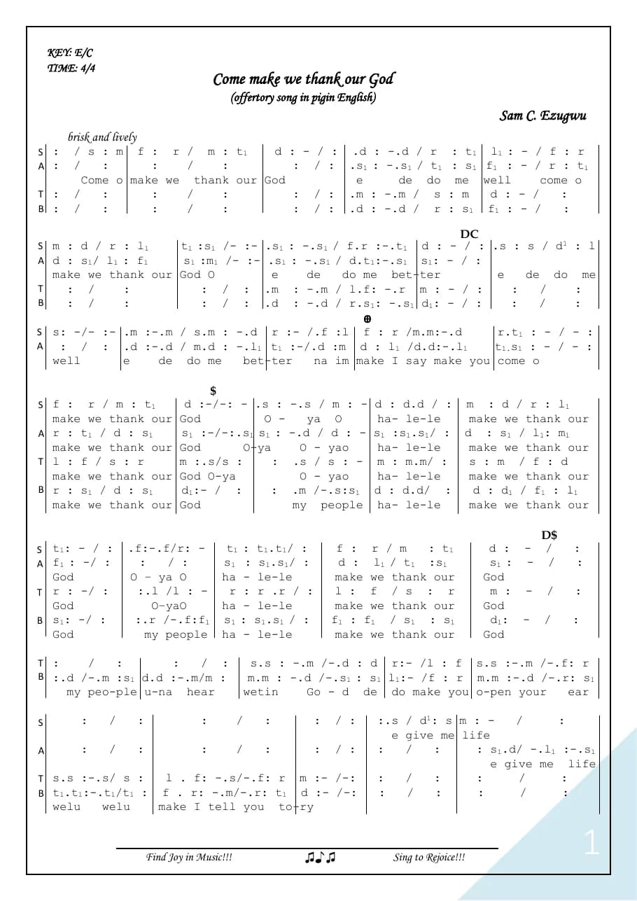 Come O Make We Thank Our God — first page