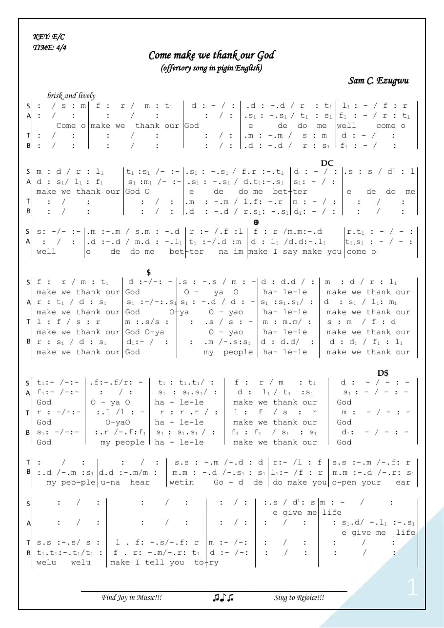 Come O Make We Thank Our God — first page