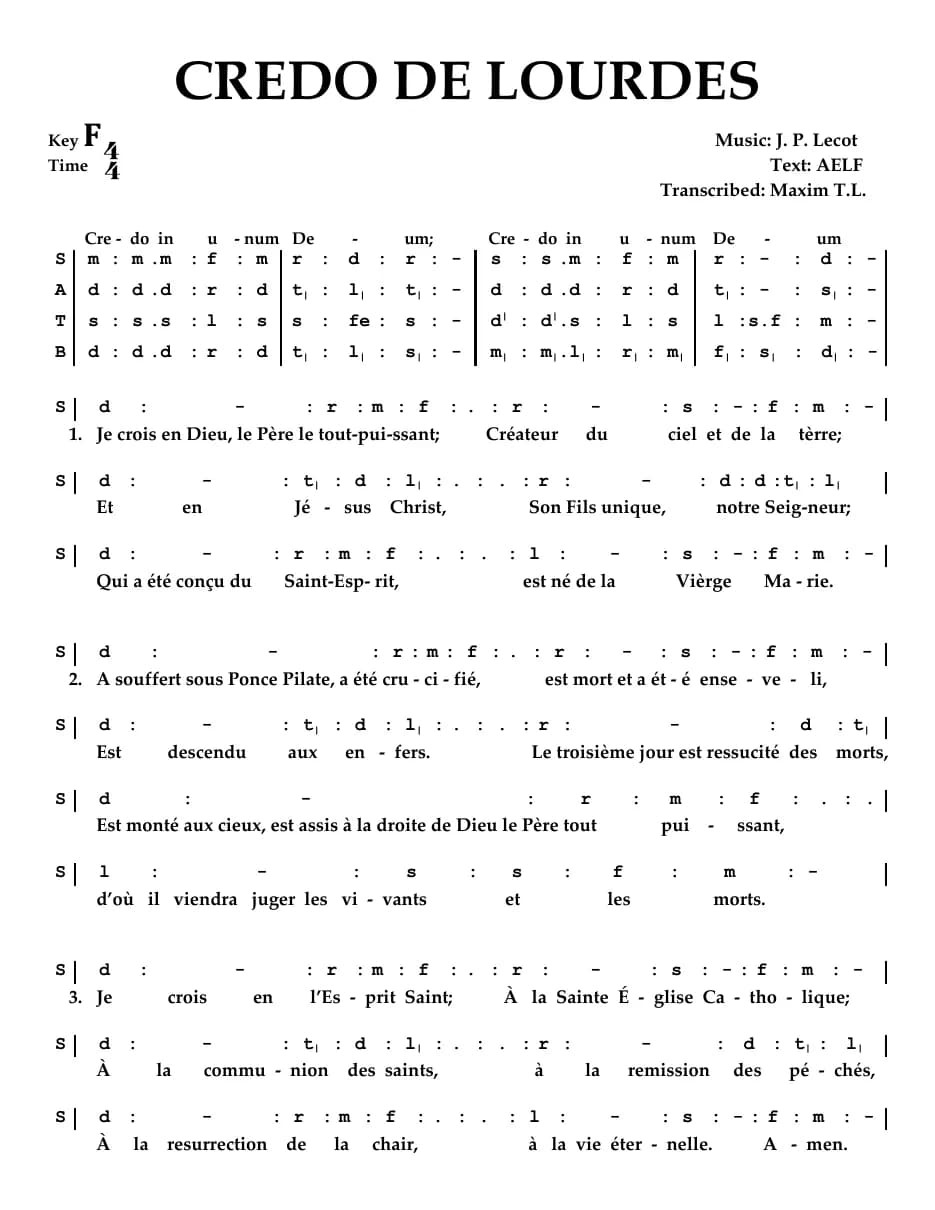 Credo de Lourdes — first page
