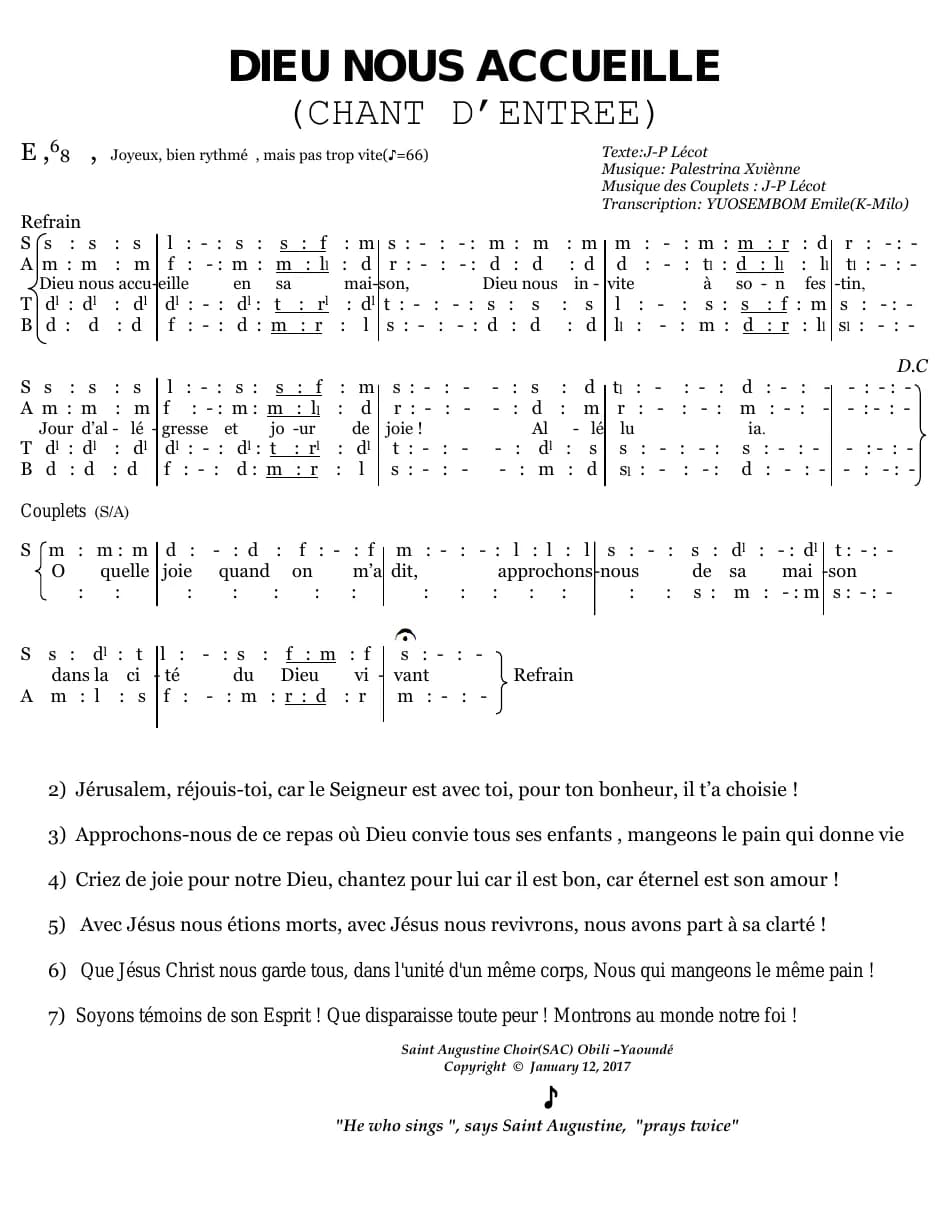 Dieu Nous Acceuille — first page