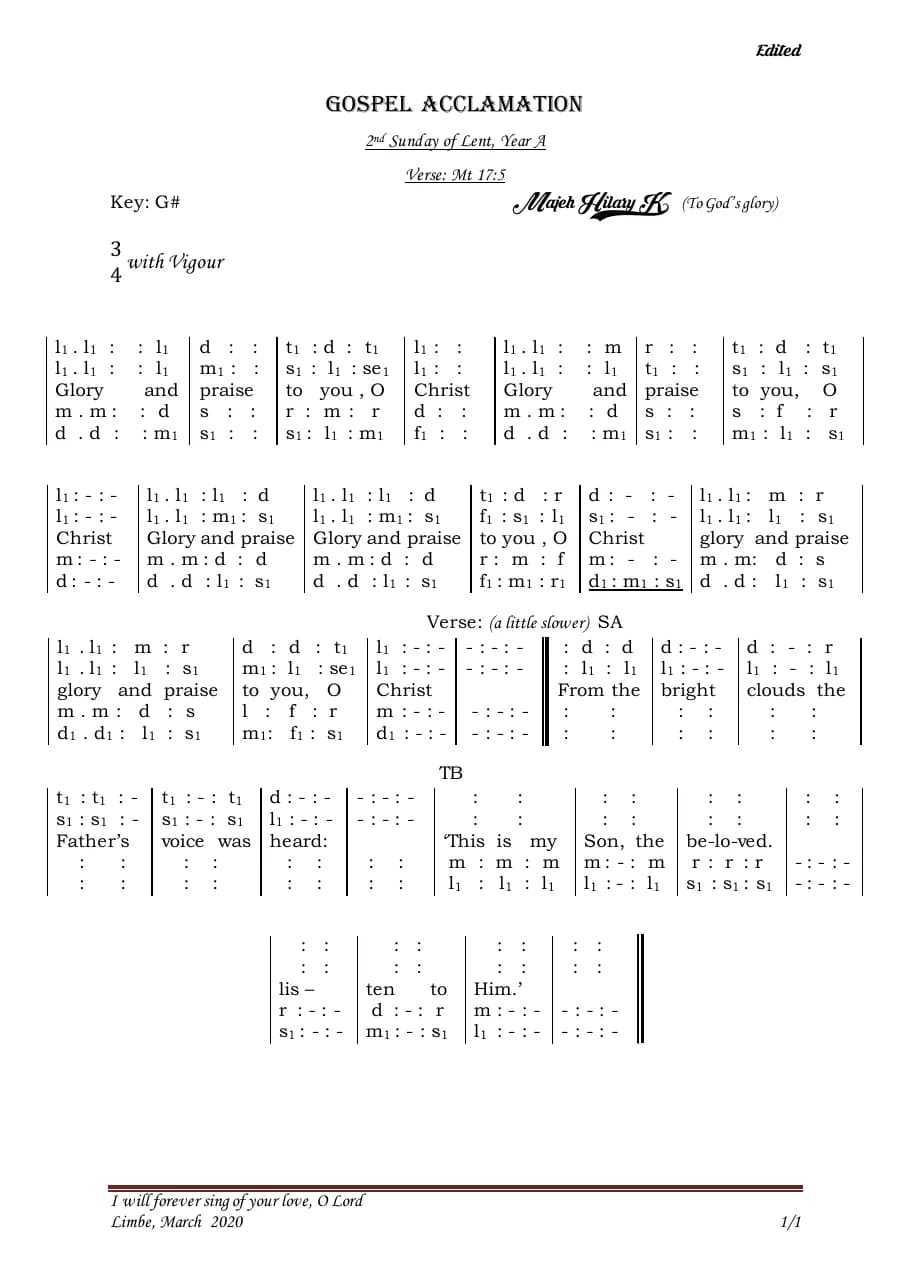 Glory and Praise to You O Christ — first page