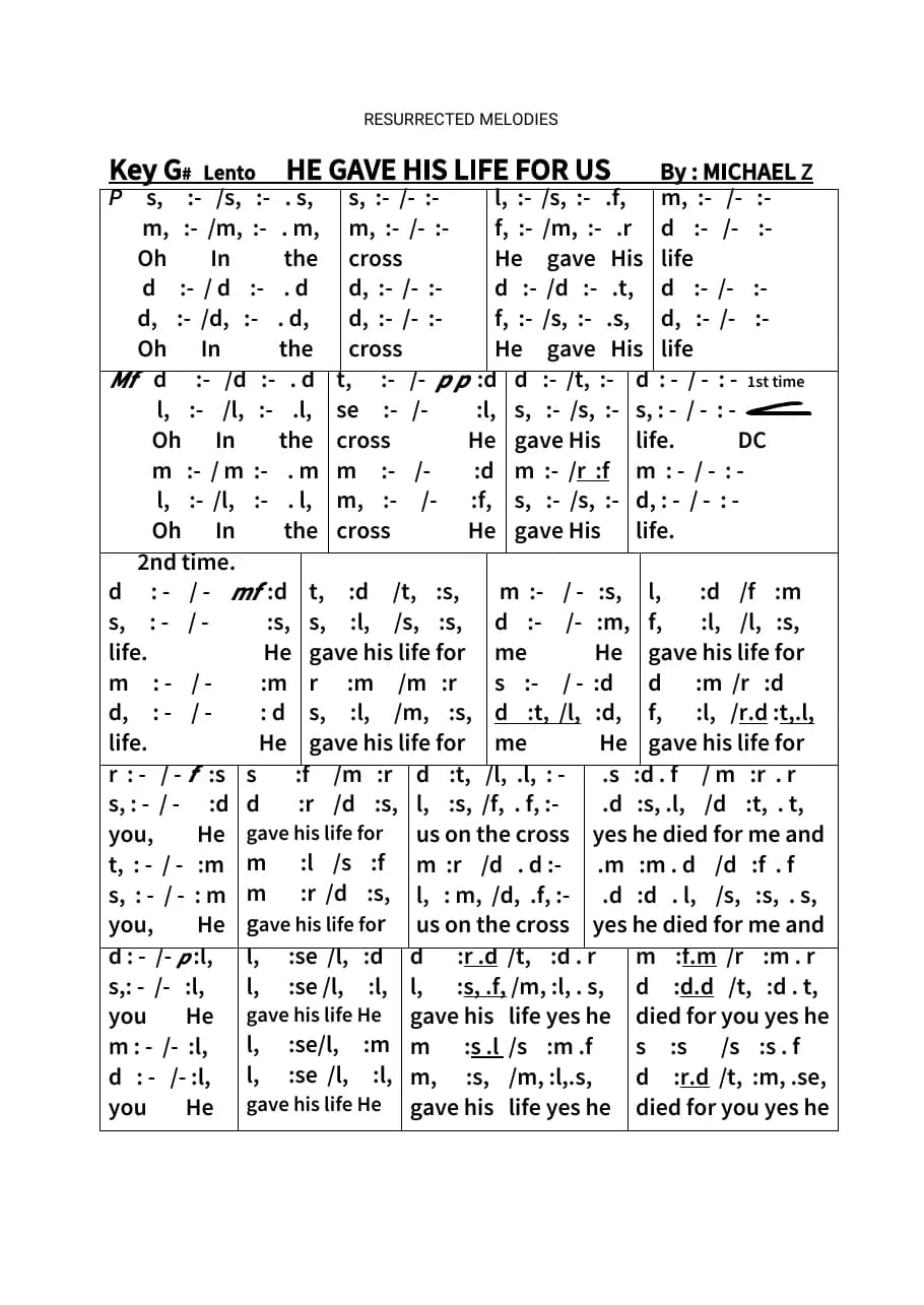 He Gave His Life for Us — first page