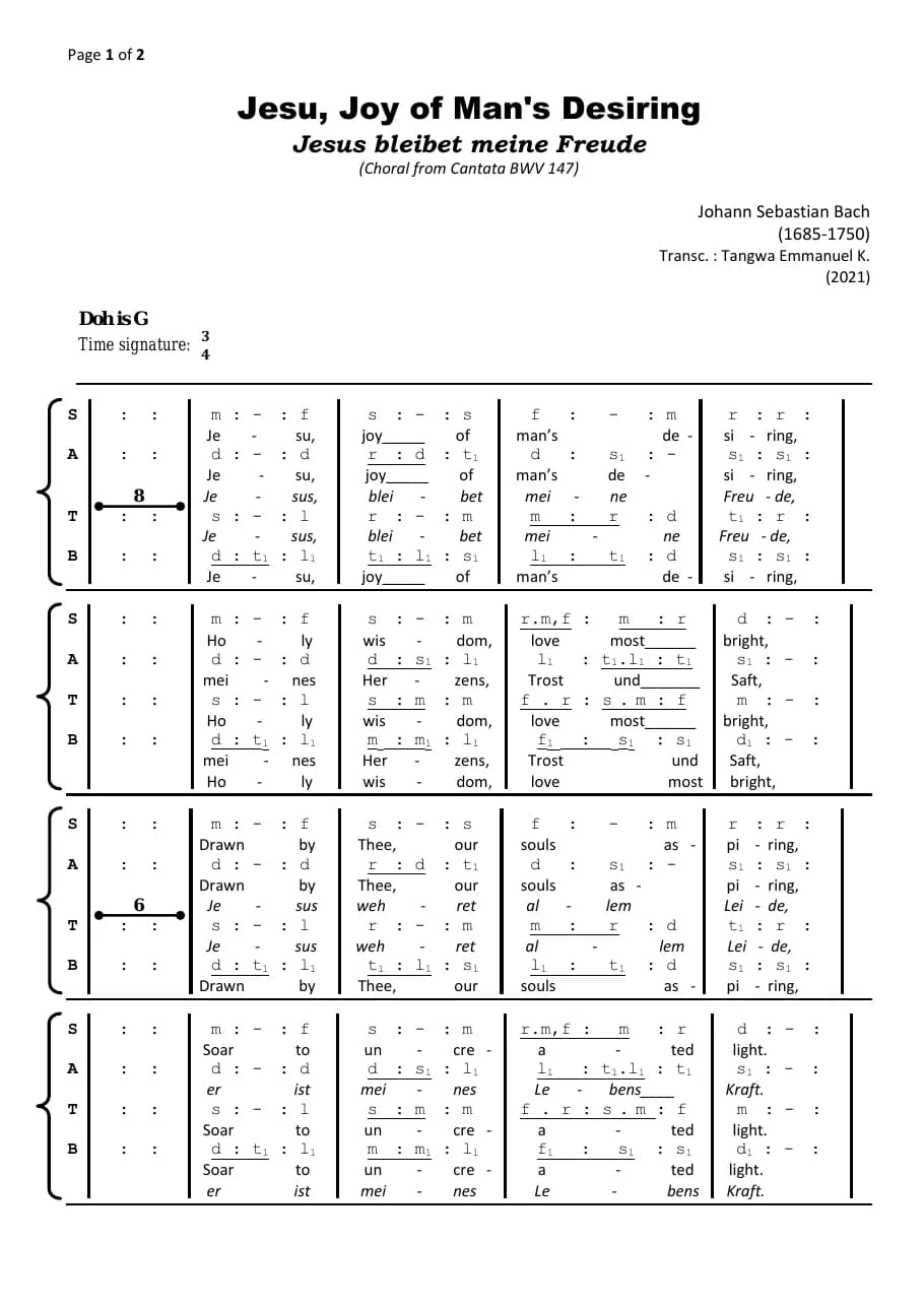 Jesu, Joy of Man's Desiring - Tonic Sl - Fa — first page