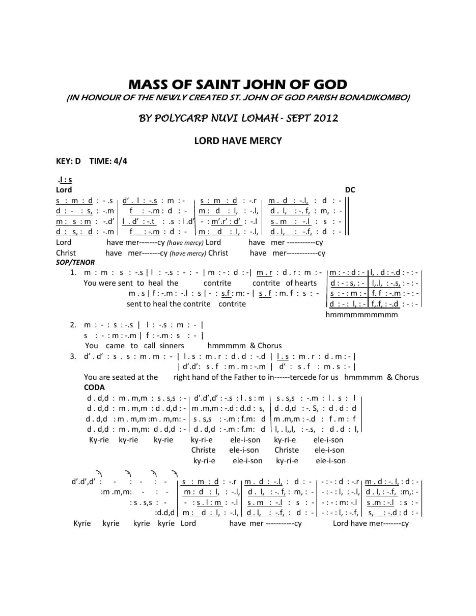 Mass of Saint John of God — first page