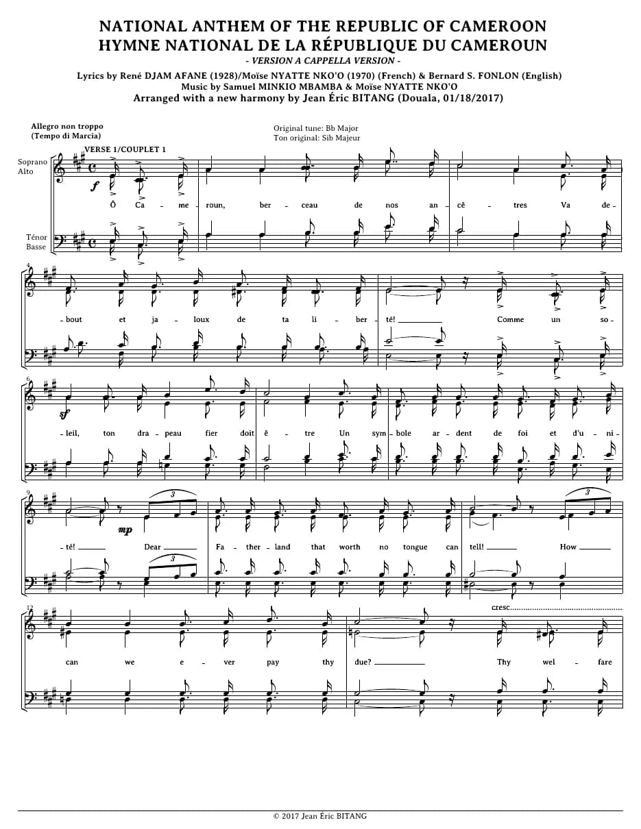 National Anthem of the Republic of Cameroon — first page