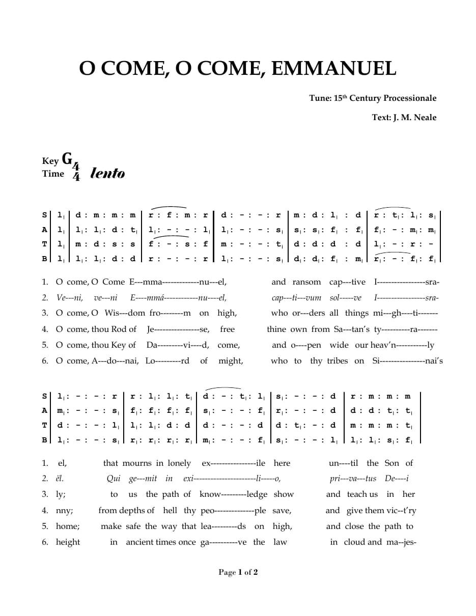 O Come O Come Emmanuel — first page