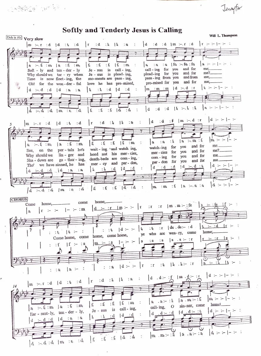 Softly and Tenderly — first page