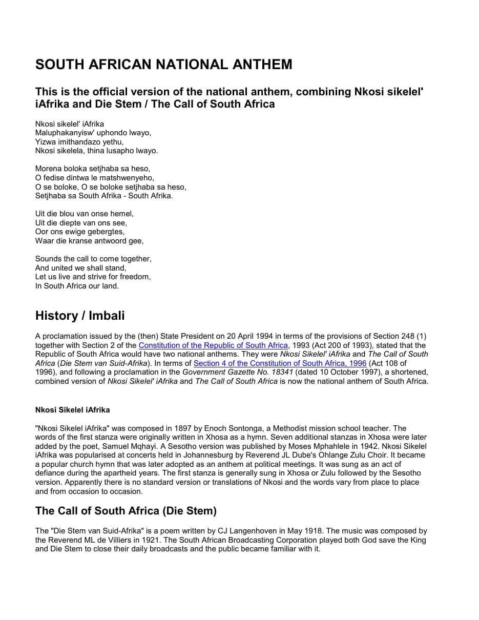 South African National Anthem — first page