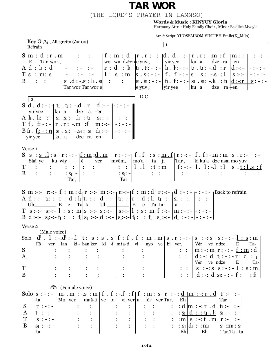 Tar Wor the Lord's Prayer in Lamnso — first page