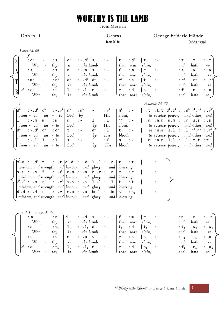 Worthy Is the Lamb from Messiah — first page
